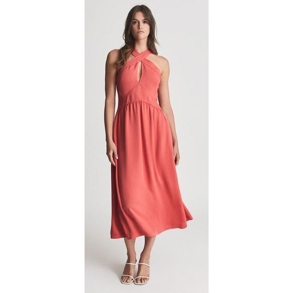 Reiss Orla Cross Front Halter Neck Midi Dress in Coral Pockets Size 10 - Picture 1 of 12